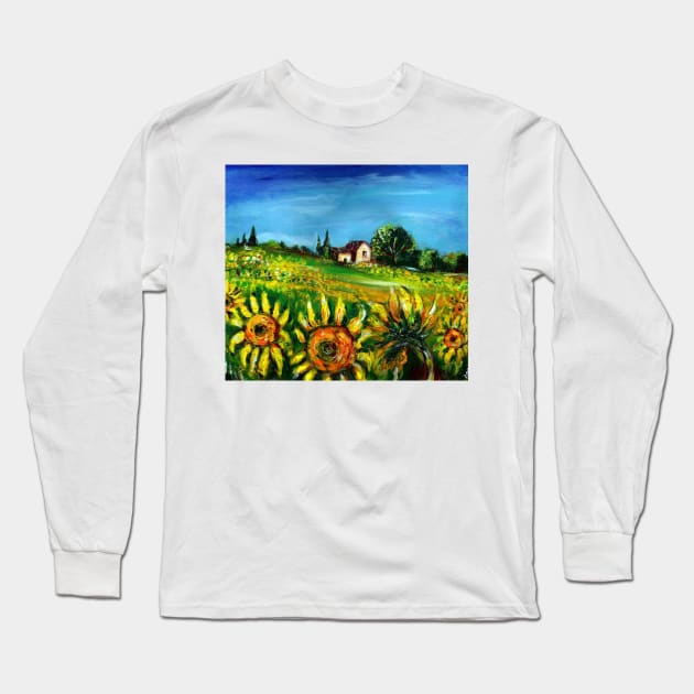 SUNFLOWERS AND COUNTRYSIDE IN TUSCANY LANDSCAPE Long Sleeve T-Shirt by BulganLumini